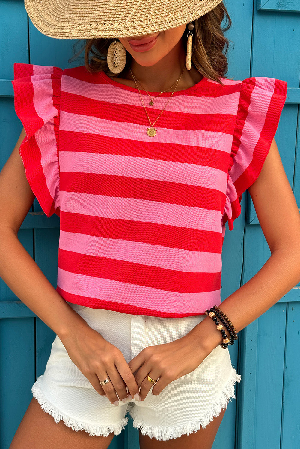 Green Stripe Flutter Sleeve Round Neck T Shirt