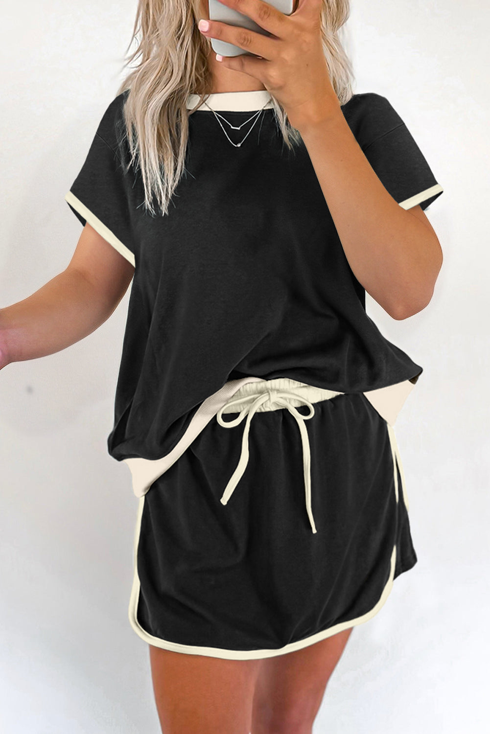 Evergreen Colorblock Edge Drop Shoulder T Shirt and Skort 2Pcs Set