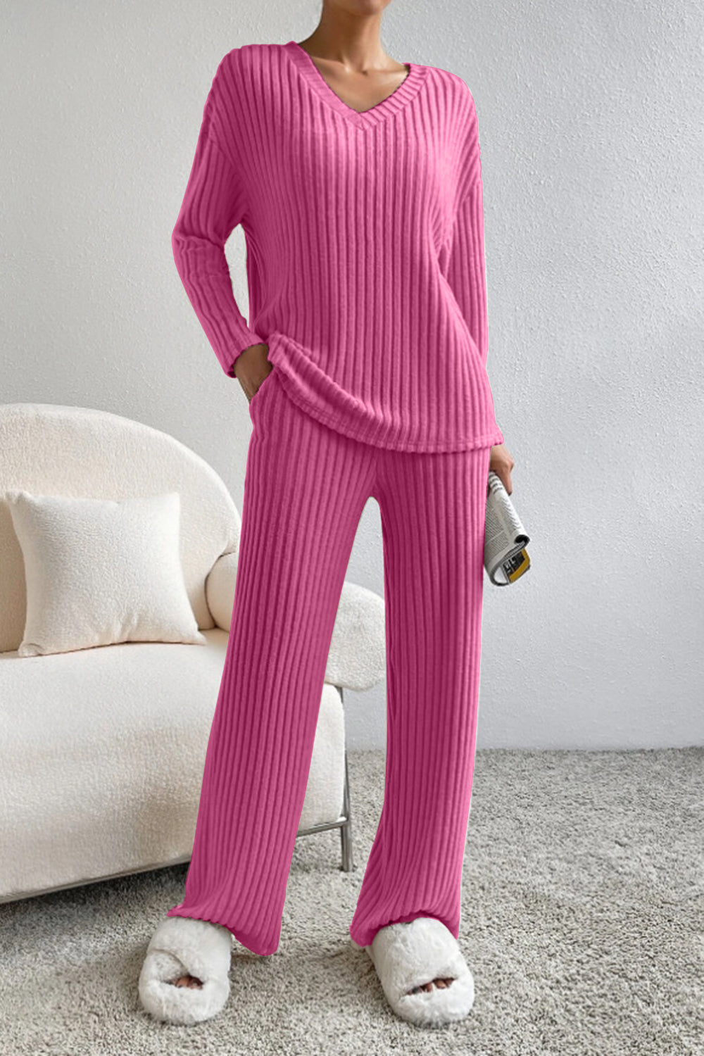 Ribbed V-Neck Top and Pants Set - Blue Canoe outfitter