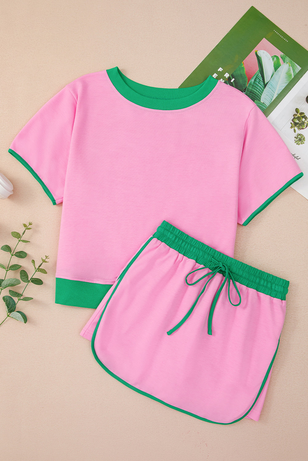 Evergreen Colorblock Edge Drop Shoulder T Shirt and Skort 2Pcs Set