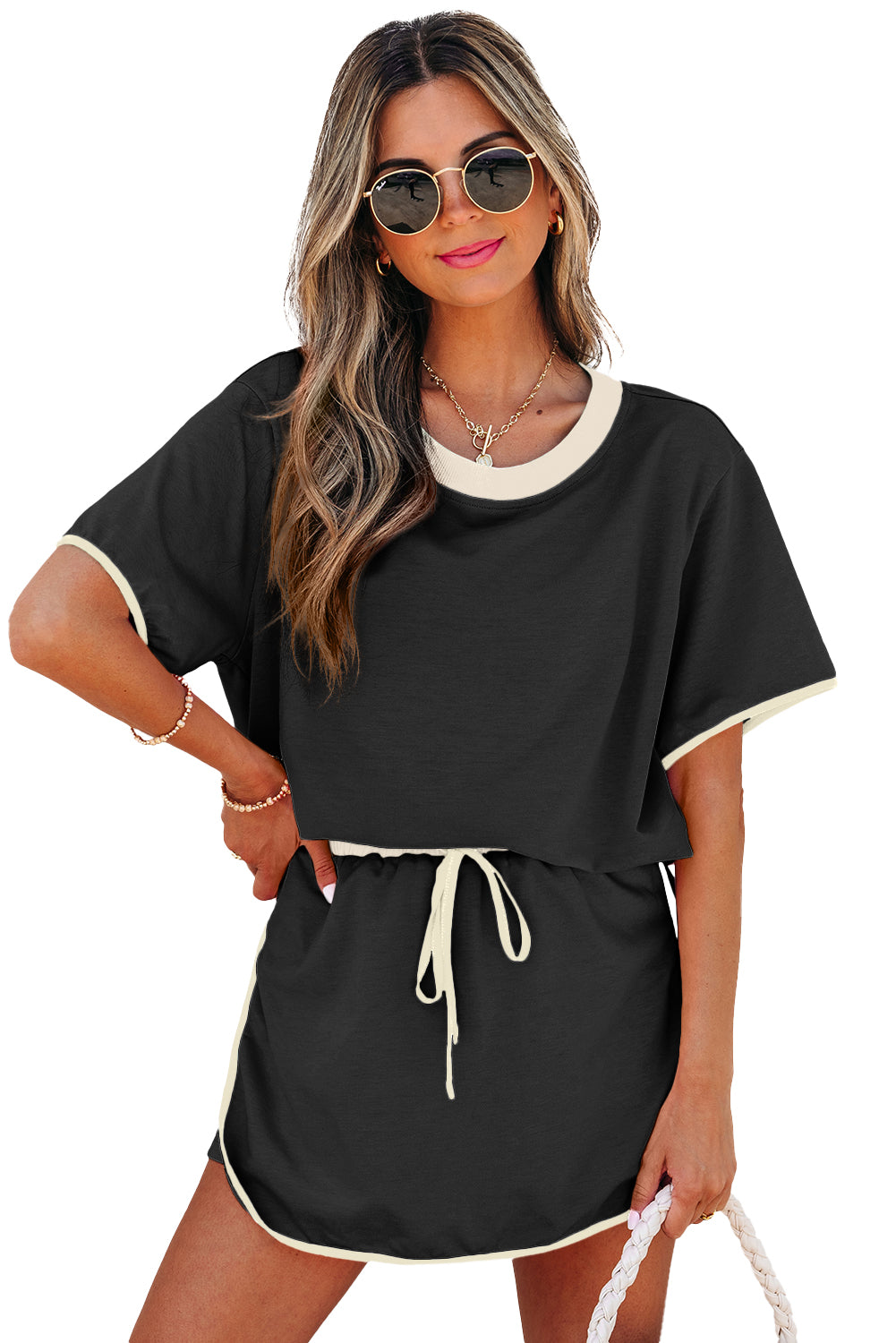 Evergreen Colorblock Edge Drop Shoulder T Shirt and Skort 2Pcs Set