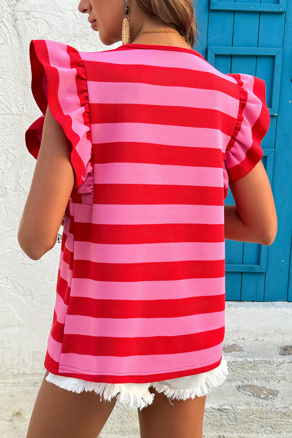 Green Stripe Flutter Sleeve Round Neck T Shirt