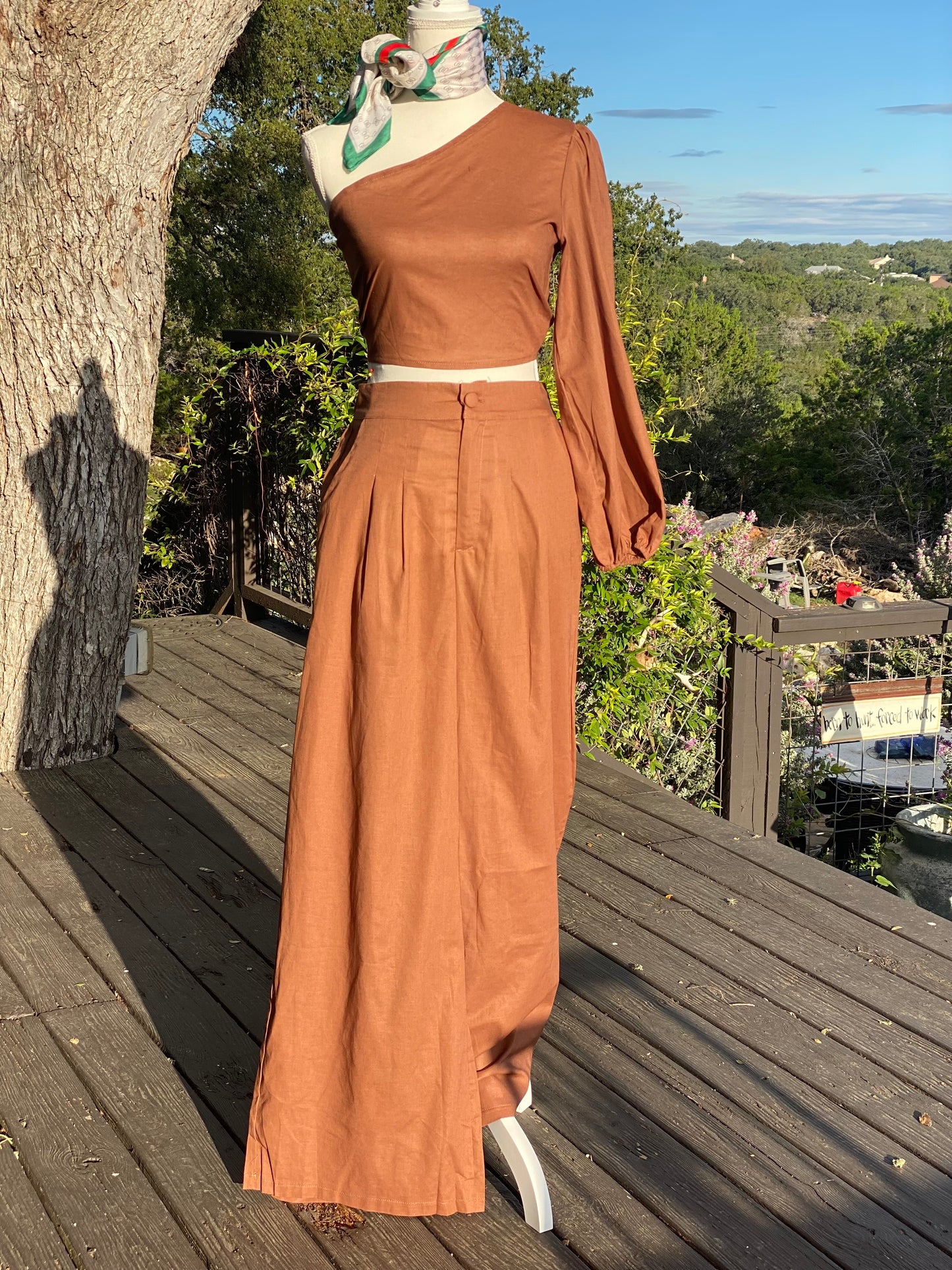 Long sleeve asymmetric elasticity knot pleated solid color one shoulder and bottom pants
