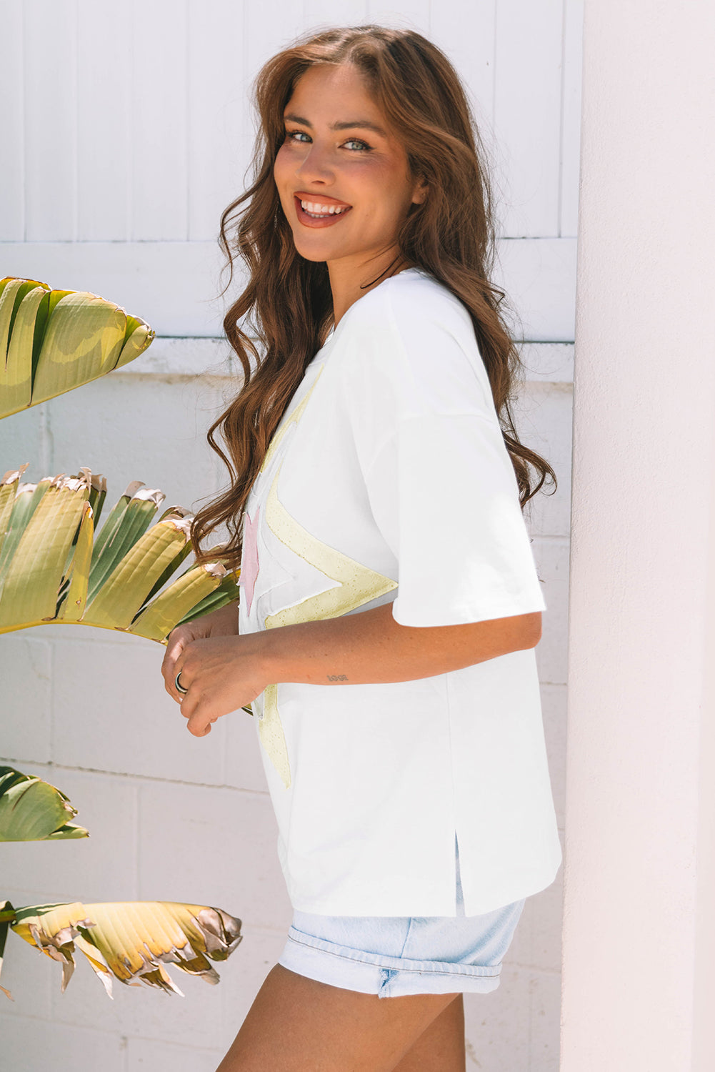 White Star Layered Patched Graphic Drop Shoulder Half Sleeve Loose Tee