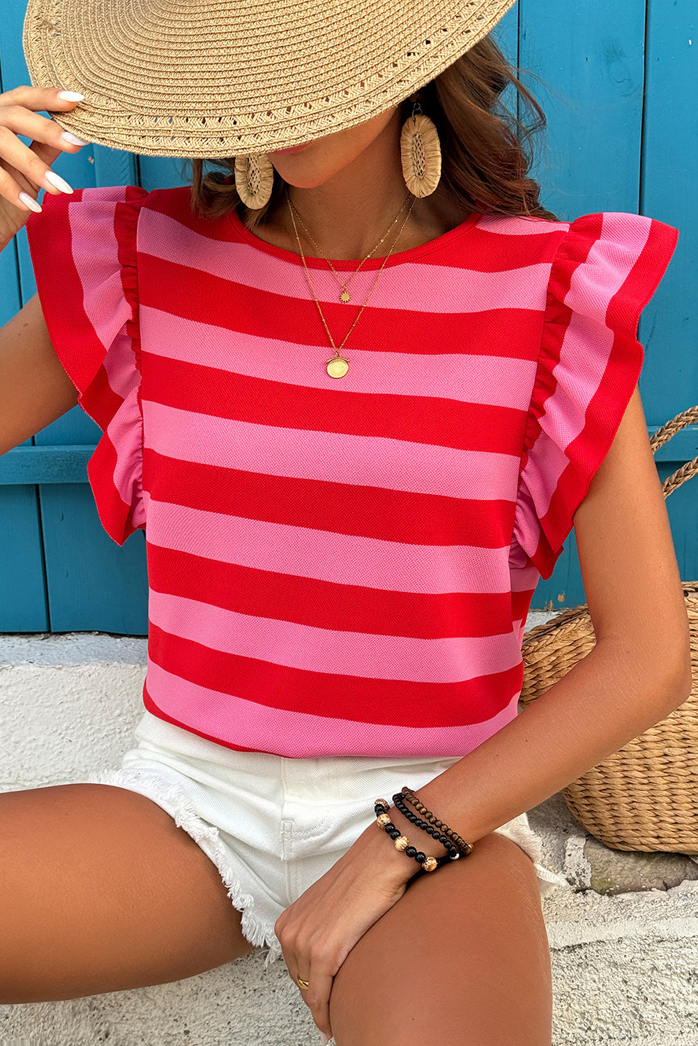 Green Stripe Flutter Sleeve Round Neck T Shirt