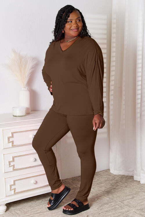 Basic Bae Full Size V-Neck Soft Rayon Long Sleeve Top and Pants Lounge Set - Blue Canoe outfitter