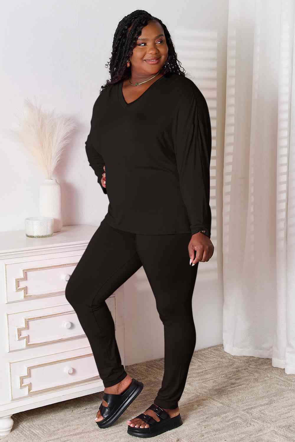 Basic Bae Full Size V-Neck Soft Rayon Long Sleeve Top and Pants Lounge Set - Blue Canoe outfitter