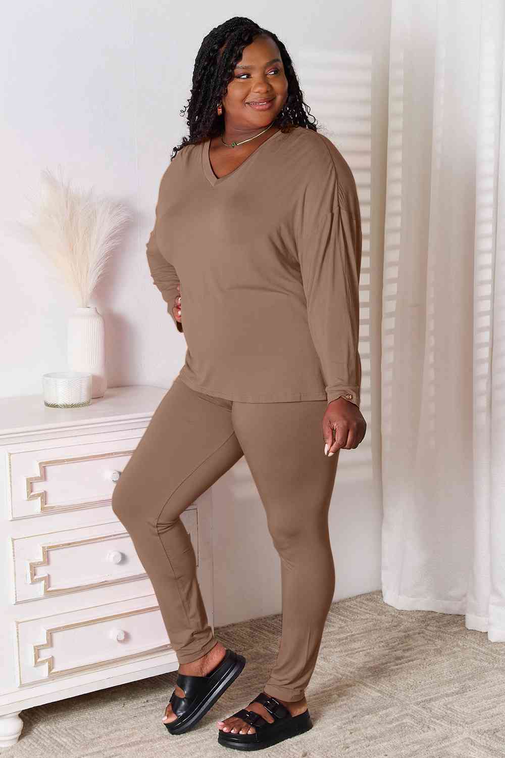 Basic Bae Full Size V-Neck Soft Rayon Long Sleeve Top and Pants Lounge Set - Blue Canoe outfitter