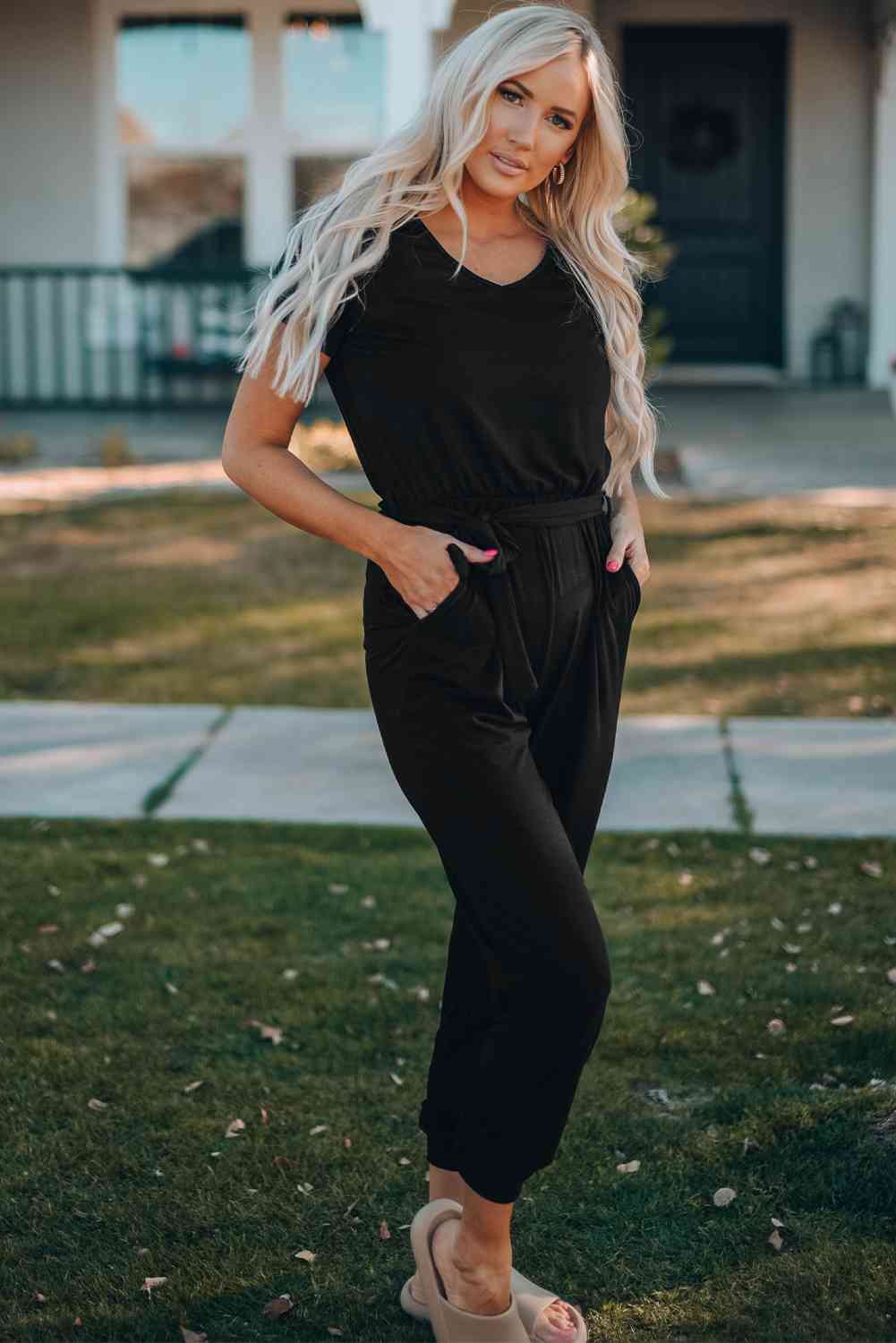Belted V-Neck Jogger Jumpsuit – Blue Canoe outfitter