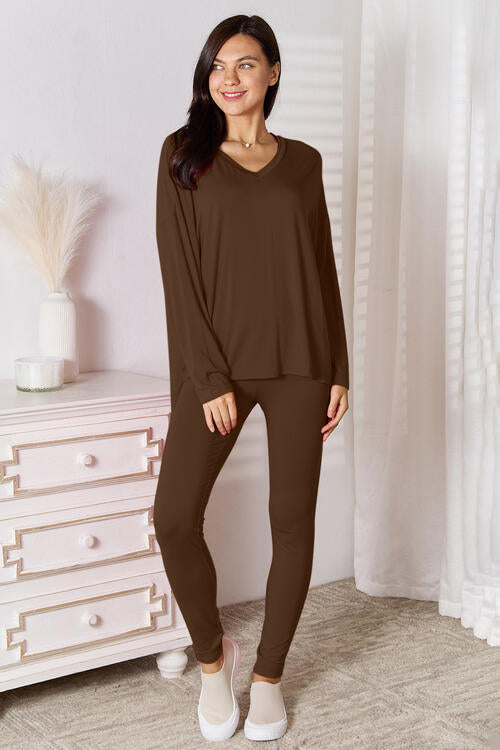 Basic Bae Full Size V-Neck Soft Rayon Long Sleeve Top and Pants Lounge Set - Blue Canoe outfitter