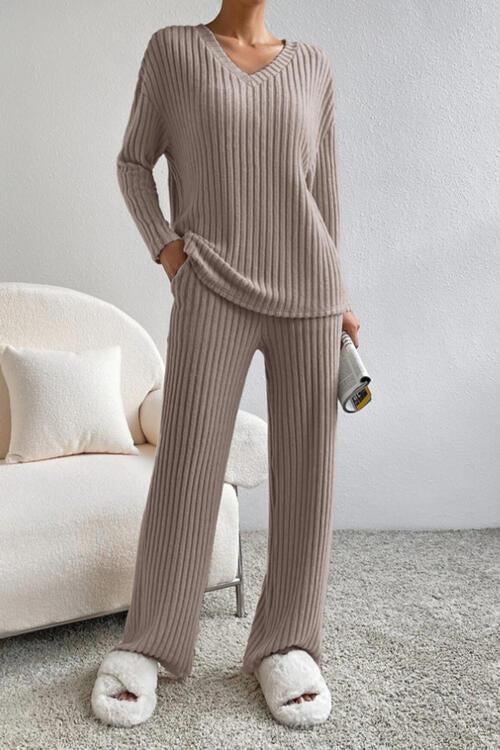 Ribbed V-Neck Top and Pants Set - Blue Canoe outfitter
