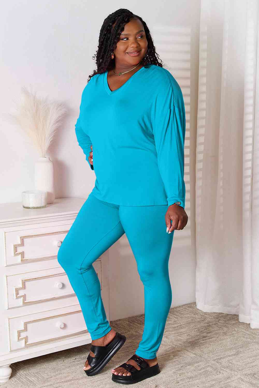 Basic Bae Full Size V-Neck Soft Rayon Long Sleeve Top and Pants Lounge Set - Blue Canoe outfitter