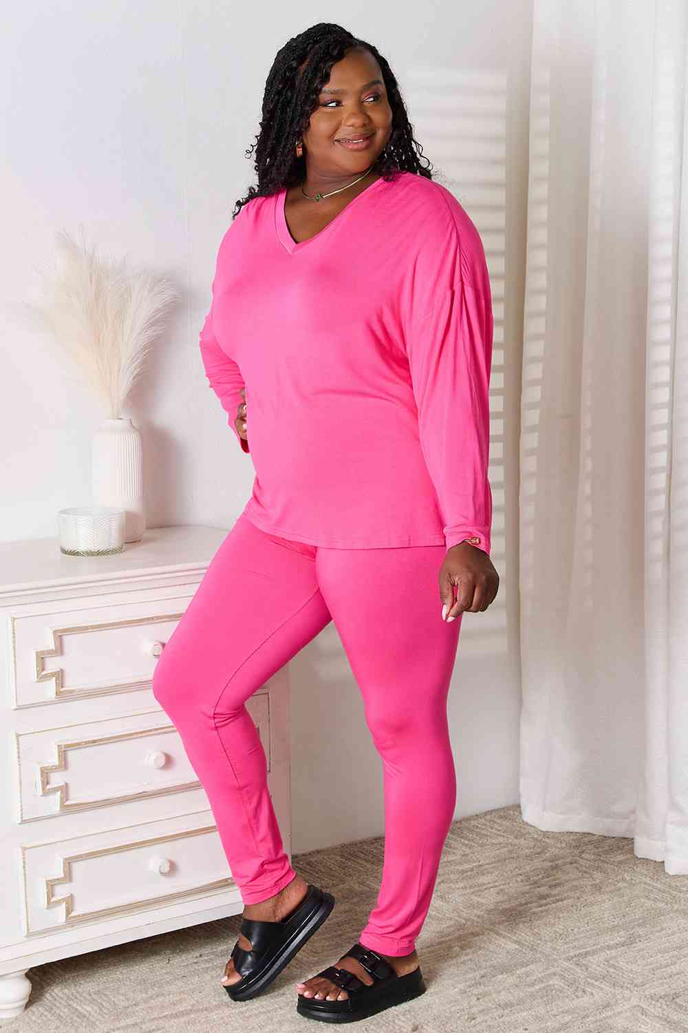 Basic Bae Full Size V-Neck Soft Rayon Long Sleeve Top and Pants Lounge Set - Blue Canoe outfitter
