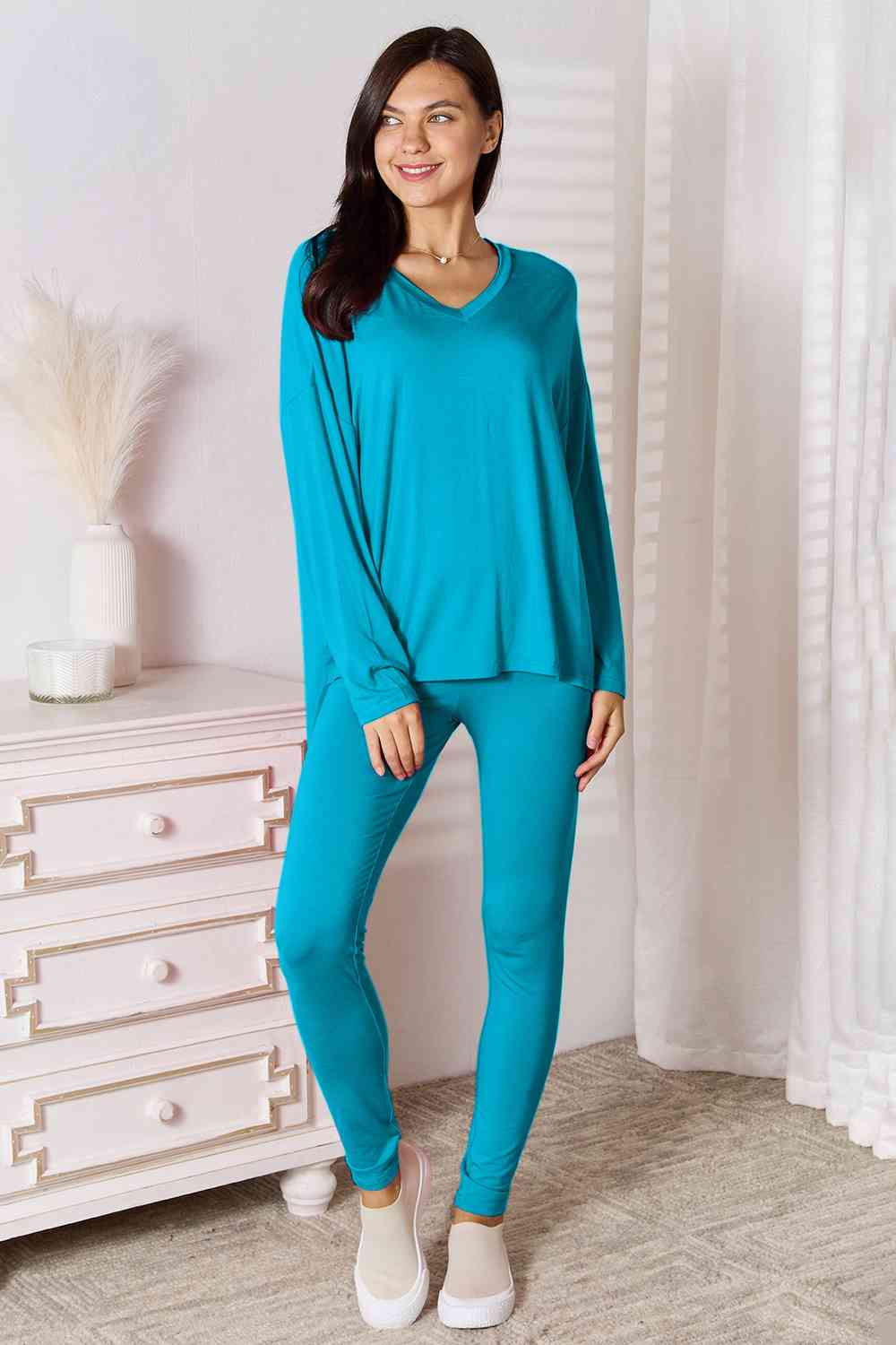 Basic Bae Full Size V-Neck Soft Rayon Long Sleeve Top and Pants Lounge Set - Blue Canoe outfitter