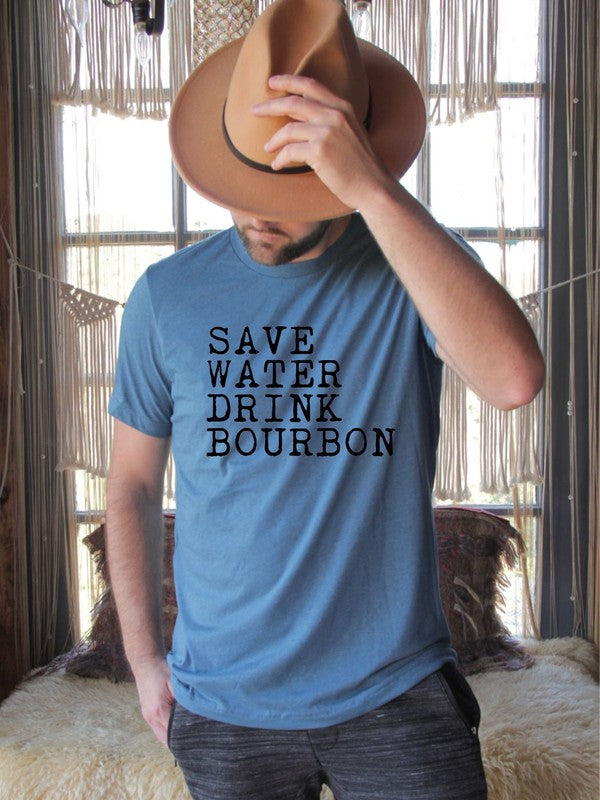 Save Water Drink Bourbon Crew Neck Mens Tee - Blue Canoe outfitter