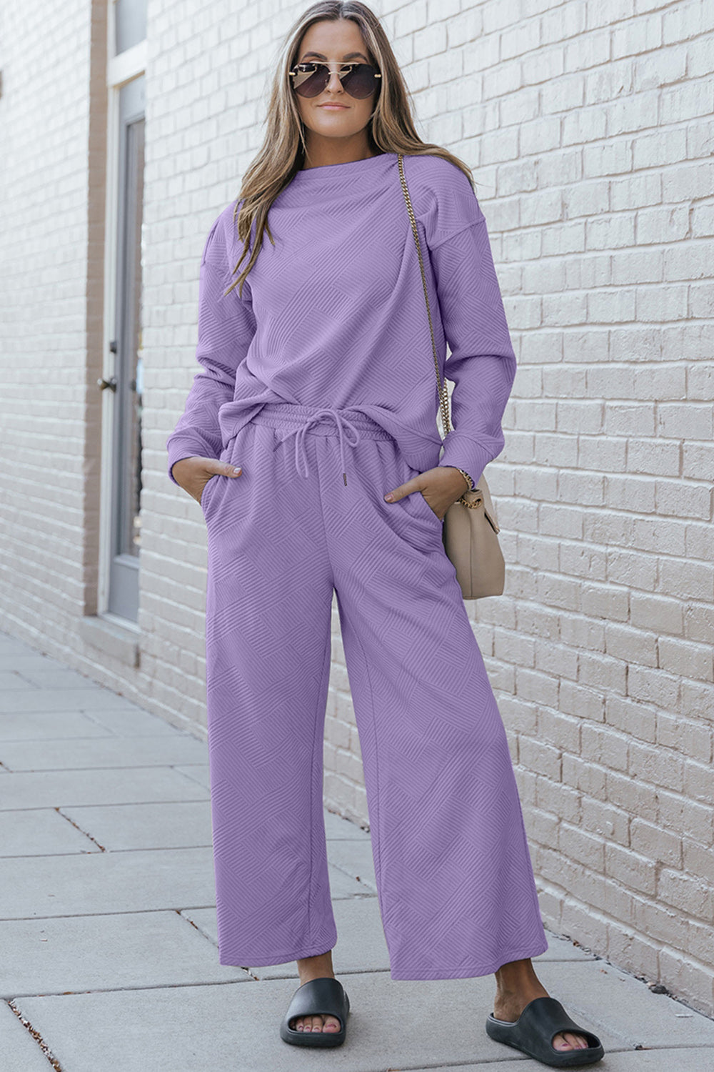 Double Take Full Size Textured Long Sleeve Top and Drawstring Pants Set - Blue Canoe outfitter