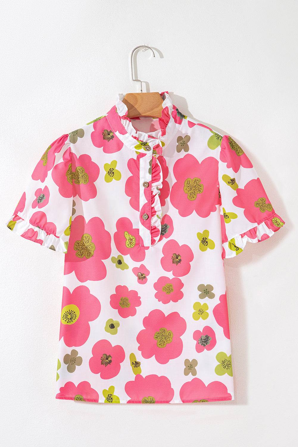 Pink Floral Ruffle Short Sleeve Striped Buttoned Collar Blouse