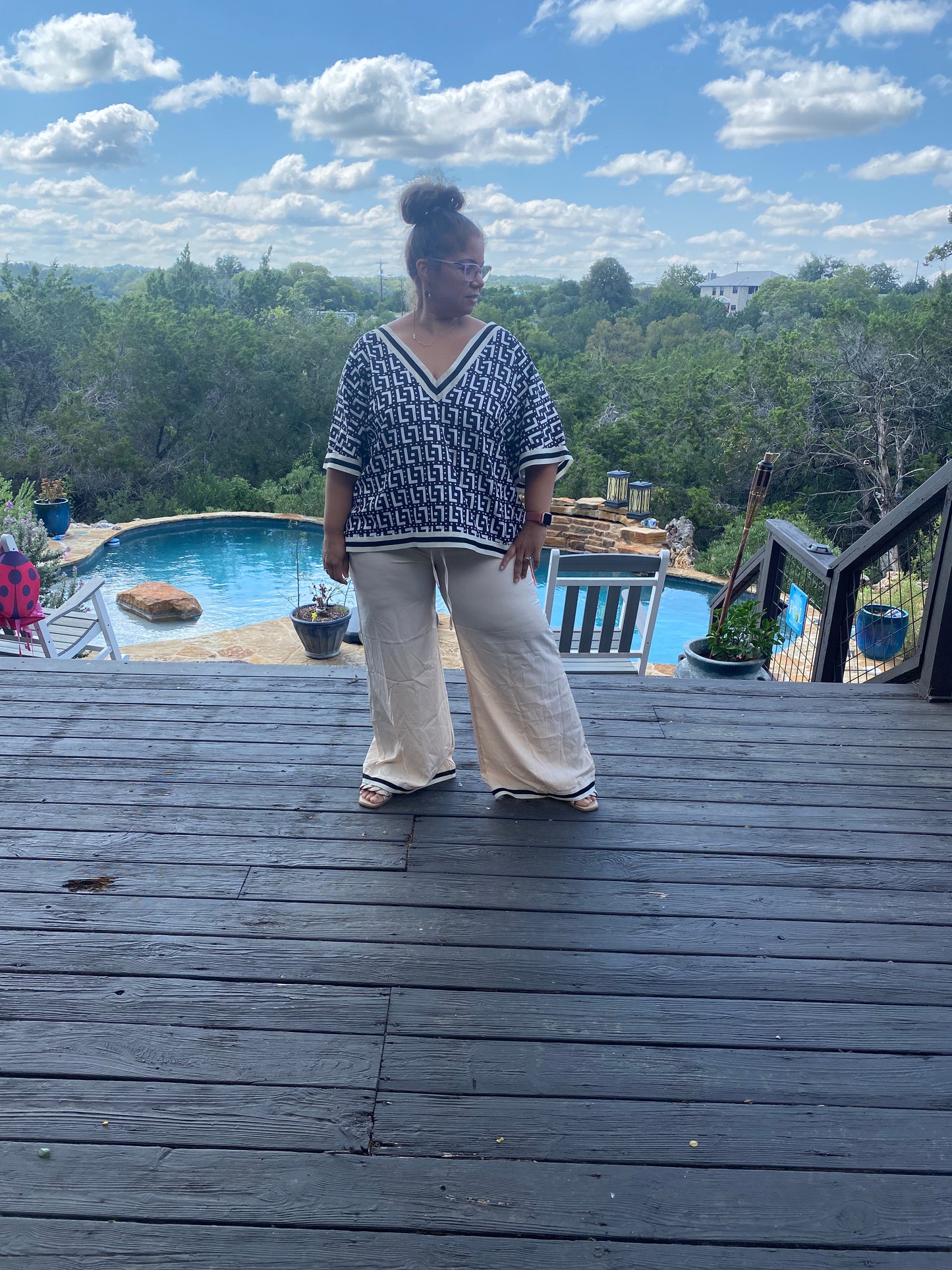 URBAN LOOSE  PRINTED - NECK TOP & DRAWSTRING WIDE LEG PANTS