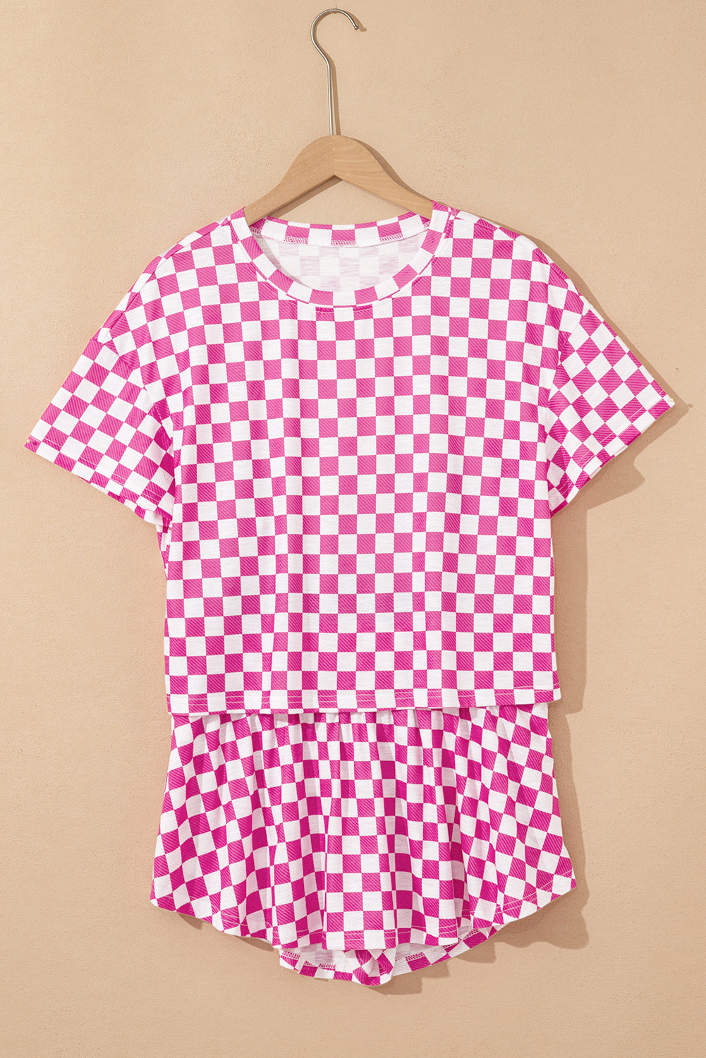 Brown Checkerboard T Shirt and High Waist Skorts 2 Piece Outfit