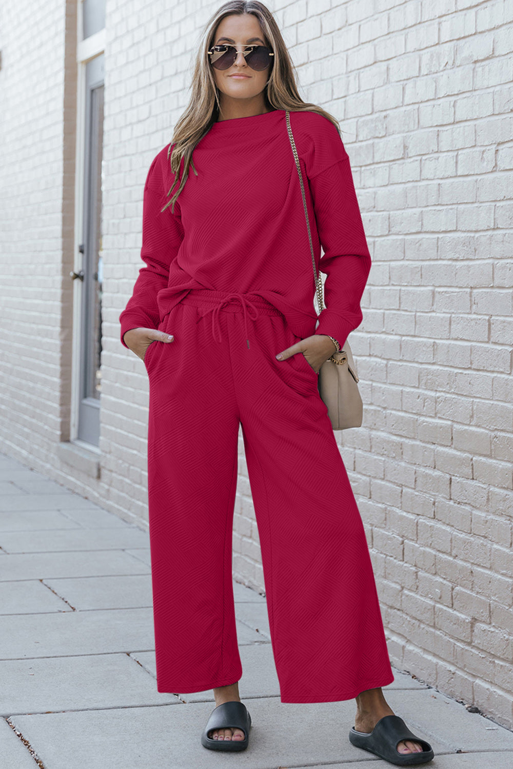 Double Take Full Size Textured Long Sleeve Top and Drawstring Pants Set - Blue Canoe outfitter