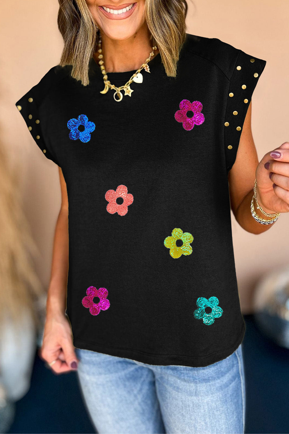 Studded Flower Round Neck Cap Sleeve Blouse