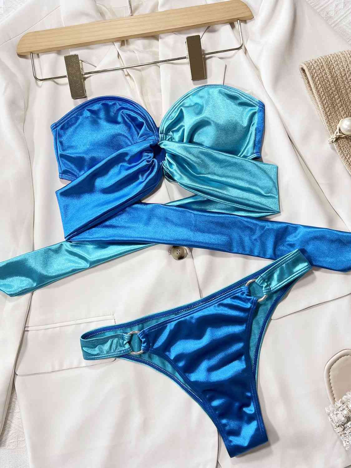 Two-Tone Ring Detail Tied Bikini Set - Blue Canoe outfitter