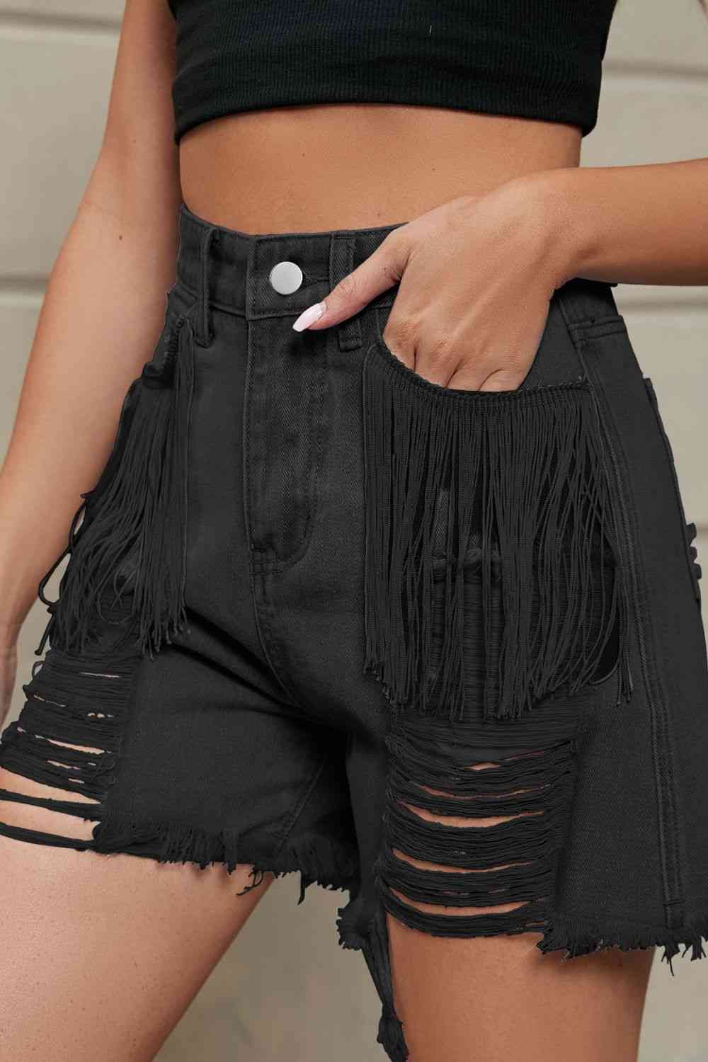 Fringe Trim Distressed Denim Shorts with Pockets - Blue Canoe outfitter