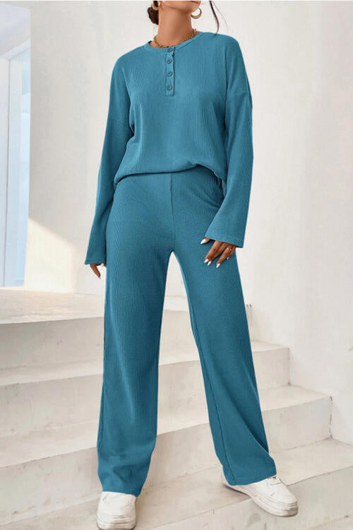 Ribbed Half Button Top and Pants Set - Blue Canoe outfitter