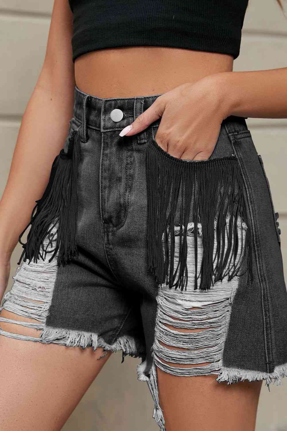 Fringe Trim Distressed Denim Shorts with Pockets - Blue Canoe outfitter