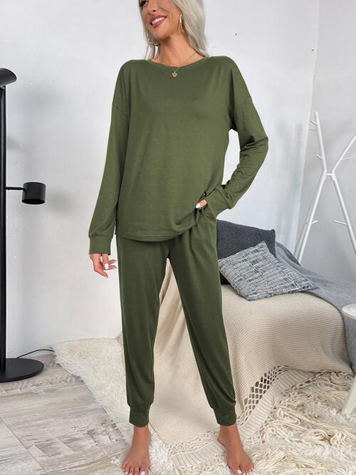 Round Neck Top and Drawstring Pants Lounge Set - Blue Canoe outfitter