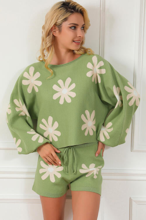 Flower Pattern Long Sleeve Sweater and Drawstring Shorts Set - Blue Canoe outfitter