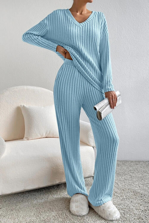 Ribbed V-Neck Top and Pants Set - Blue Canoe outfitter