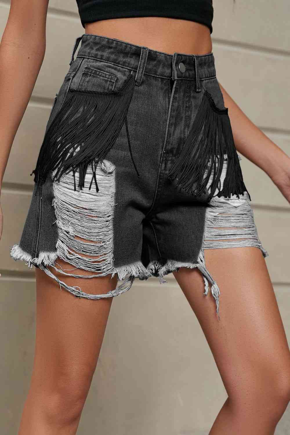 Fringe Trim Distressed Denim Shorts with Pockets - Blue Canoe outfitter