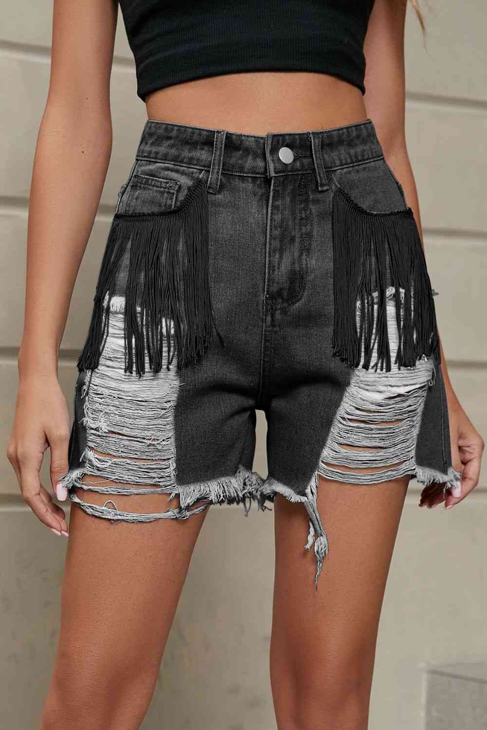 Fringe Trim Distressed Denim Shorts with Pockets - Blue Canoe outfitter