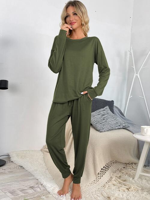 Round Neck Top and Drawstring Pants Lounge Set - Blue Canoe outfitter