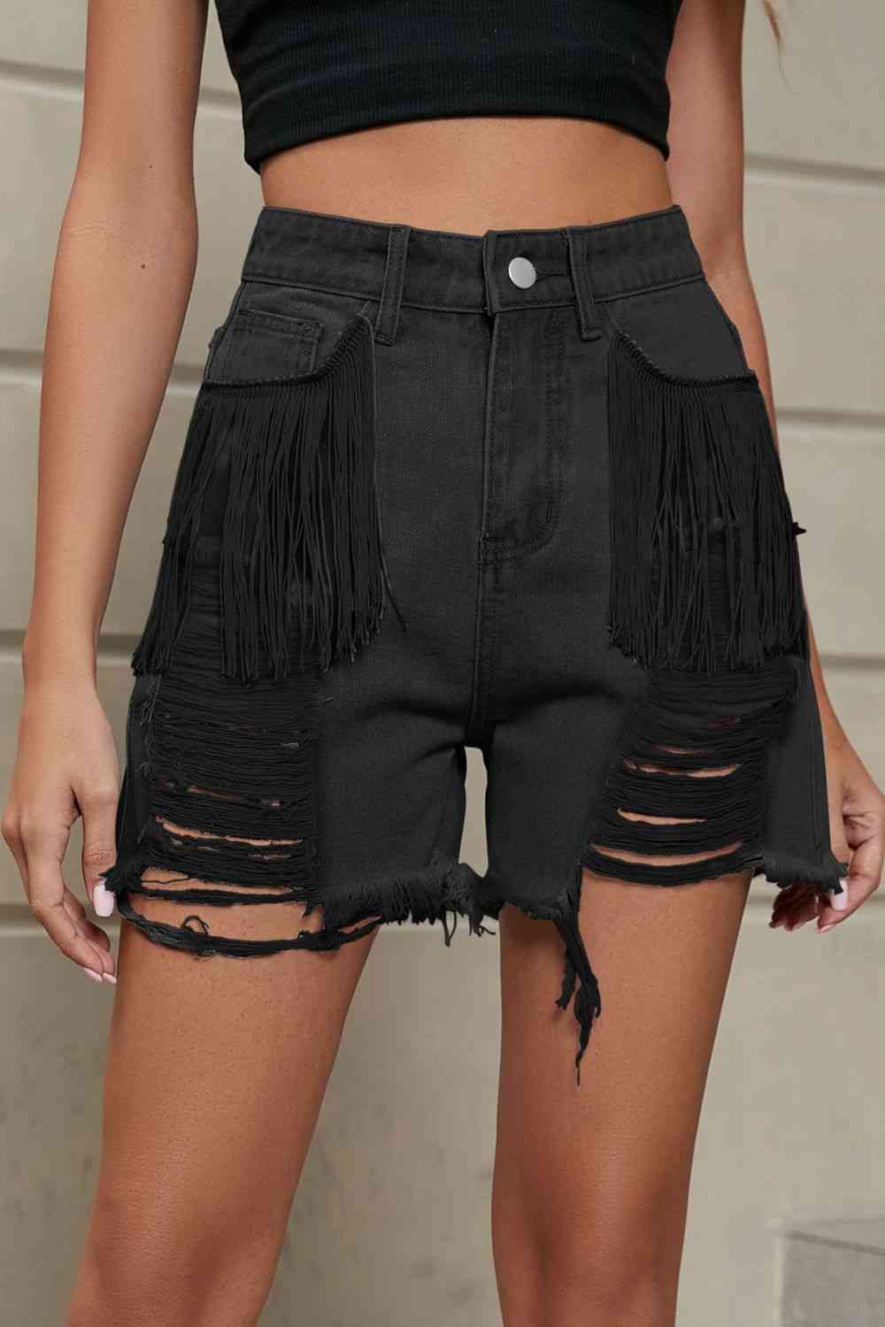 Fringe Trim Distressed Denim Shorts with Pockets - Blue Canoe outfitter