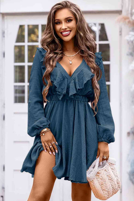 Ruffle Trim V-Neck Long Sleeve Mini Dress - Blue Canoe outfitter