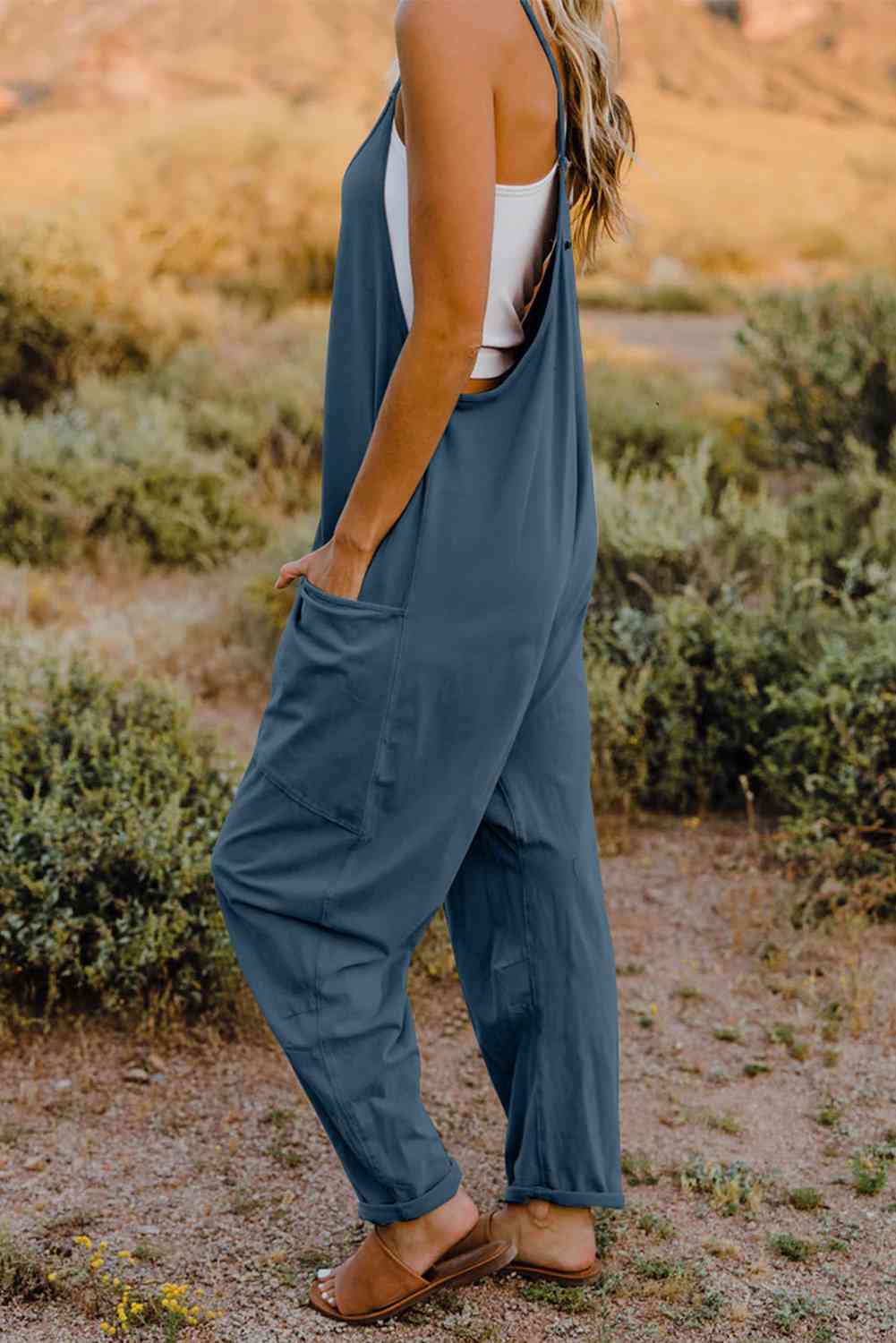 Double Take  V-Neck Sleeveless Jumpsuit with Pocket - Blue Canoe outfitter
