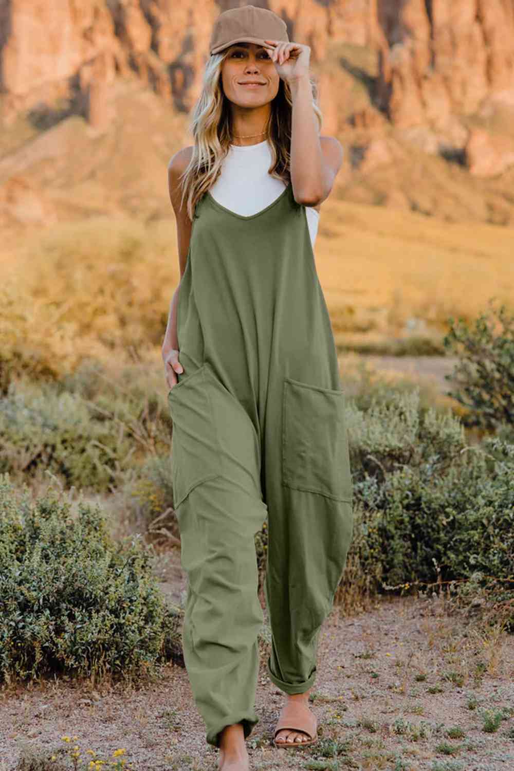 Double Take  V-Neck Sleeveless Jumpsuit with Pocket - Blue Canoe outfitter