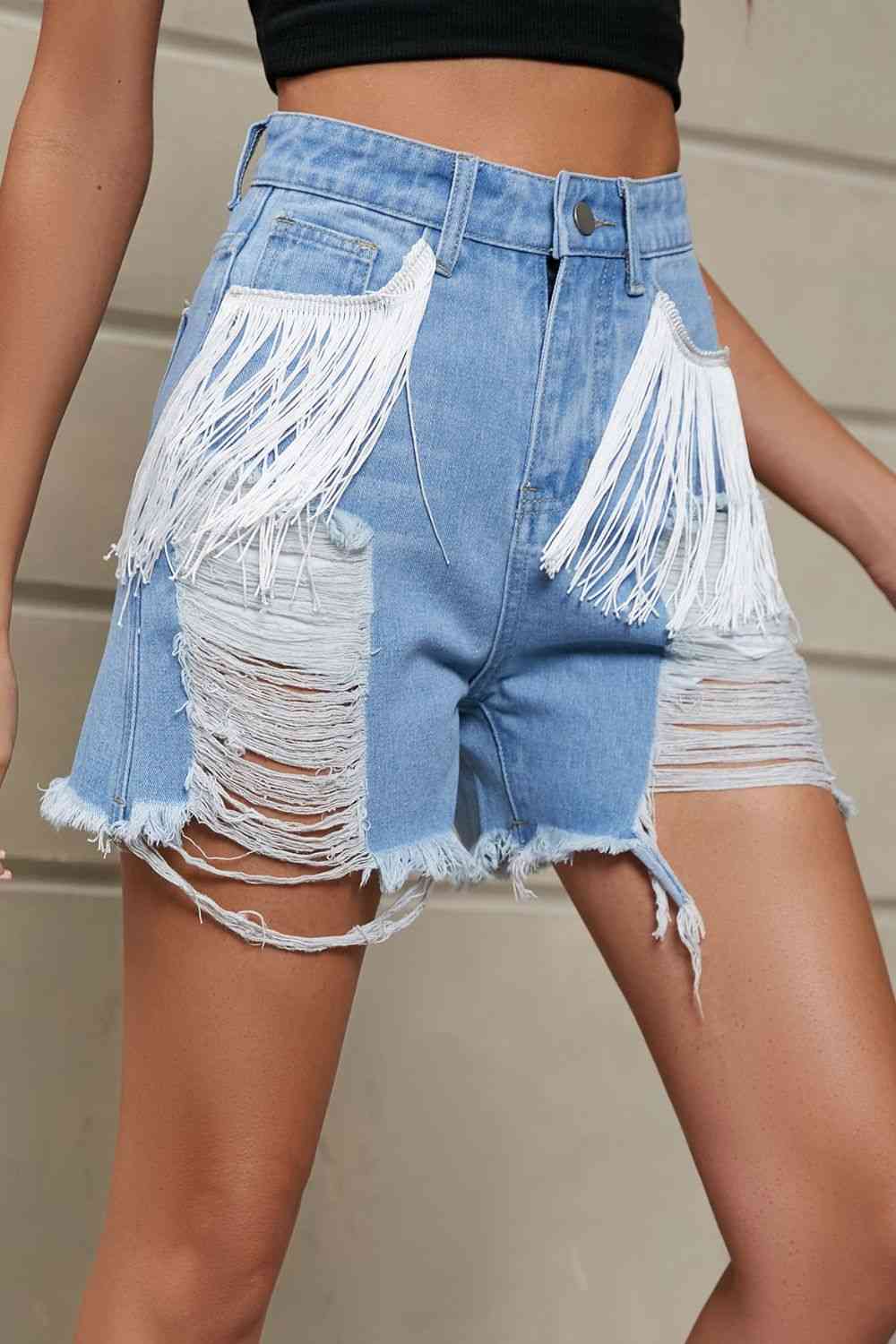 Fringe Trim Distressed Denim Shorts with Pockets - Blue Canoe outfitter