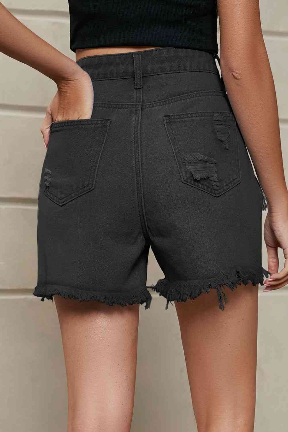 Fringe Trim Distressed Denim Shorts with Pockets - Blue Canoe outfitter