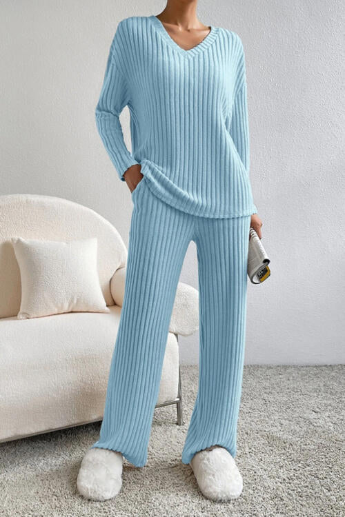 Ribbed V-Neck Top and Pants Set - Blue Canoe outfitter