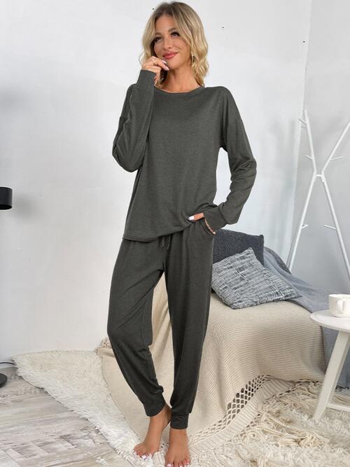 Round Neck Top and Drawstring Pants Lounge Set - Blue Canoe outfitter