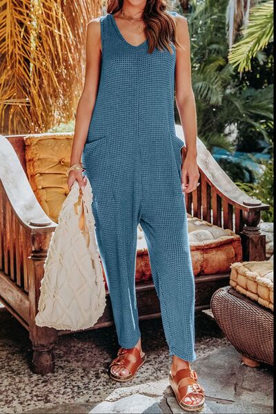 Double Take Full Size Sleeveless Straight Jumpsuit - Blue Canoe outfitter