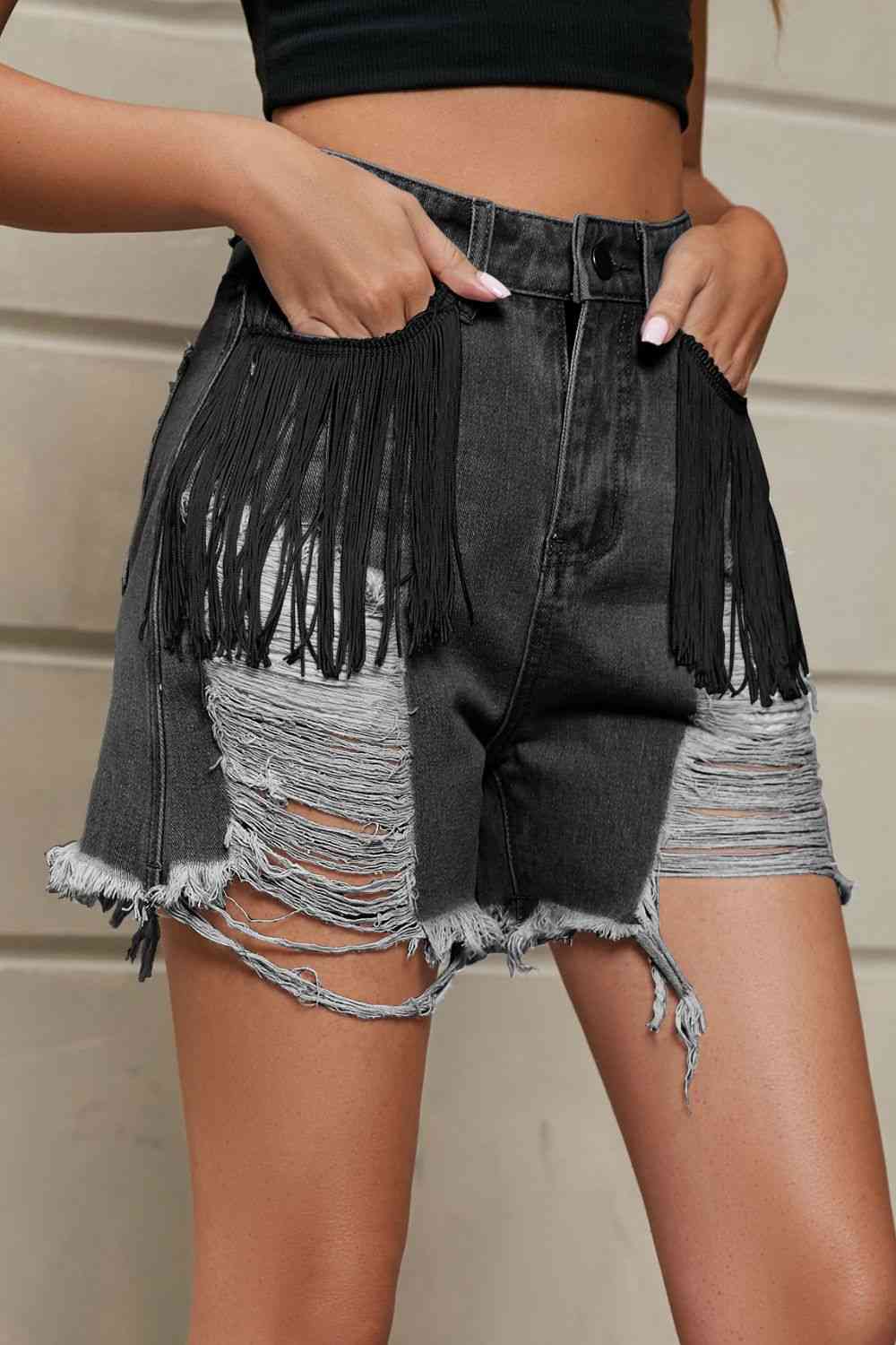 Fringe Trim Distressed Denim Shorts with Pockets - Blue Canoe outfitter