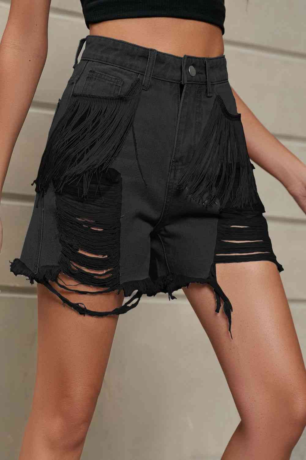 Fringe Trim Distressed Denim Shorts with Pockets - Blue Canoe outfitter