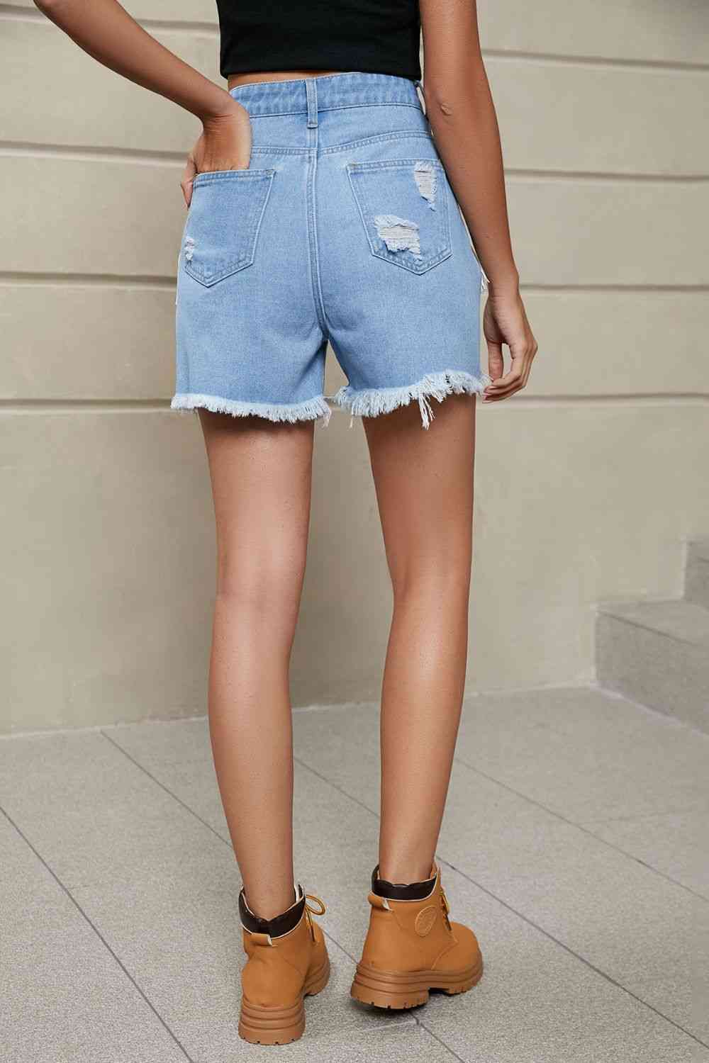 Fringe Trim Distressed Denim Shorts with Pockets - Blue Canoe outfitter