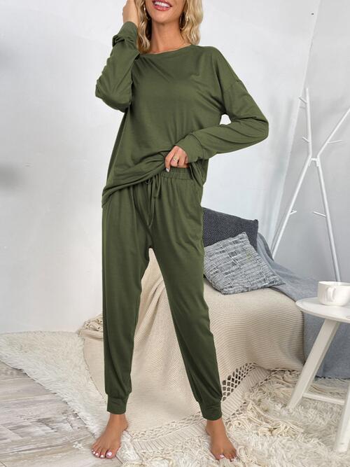 Round Neck Top and Drawstring Pants Lounge Set - Blue Canoe outfitter