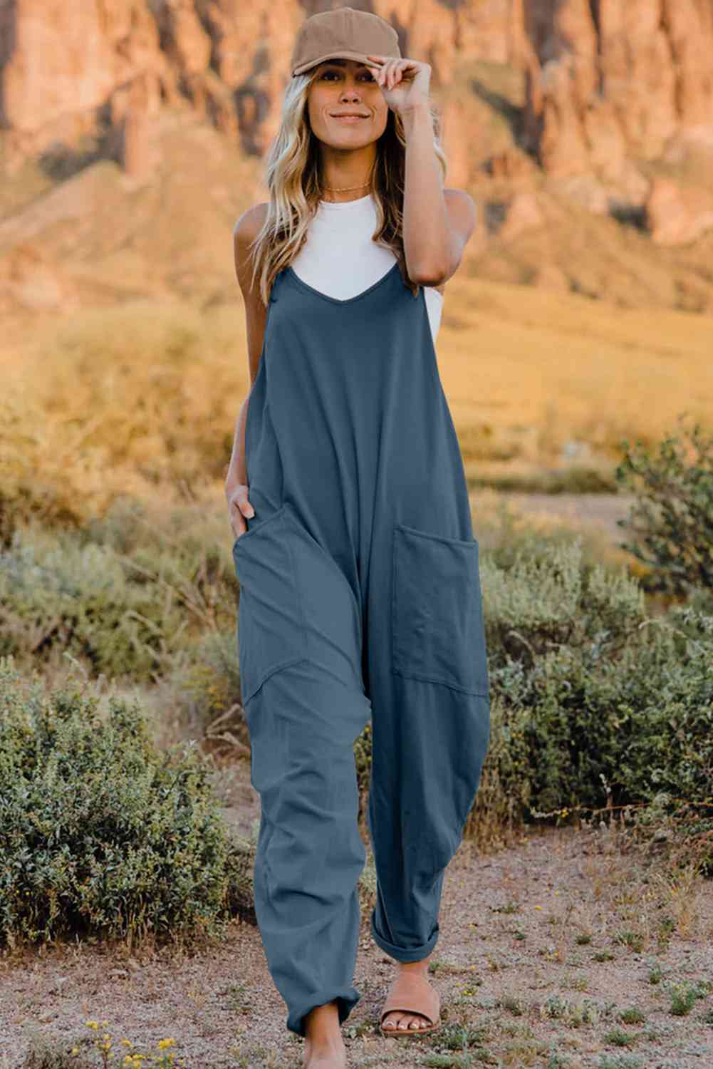 Double Take  V-Neck Sleeveless Jumpsuit with Pocket - Blue Canoe outfitter