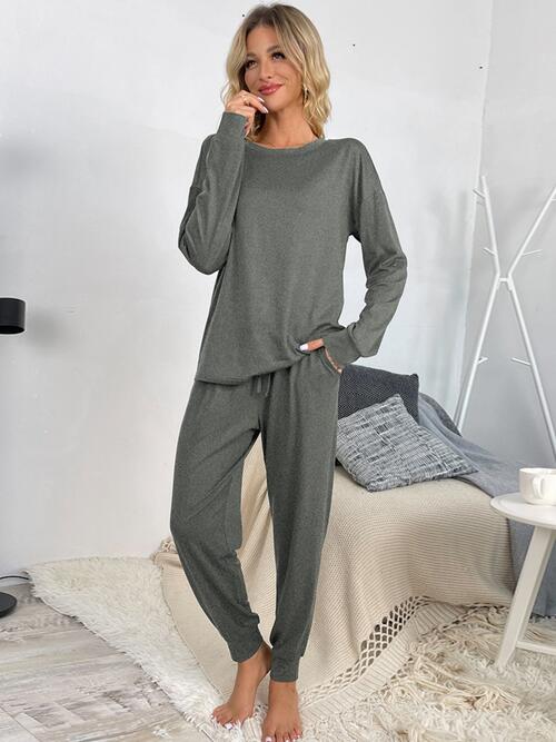 Round Neck Top and Drawstring Pants Lounge Set - Blue Canoe outfitter